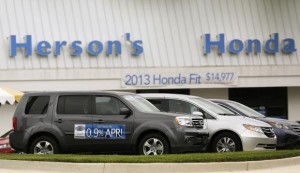 A Honda new car lot shows vehicles available for 0.9 per cent financing in Rockville, Maryland