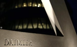 A Daimler sign name is pictured during the company's annual news conference in Stuttgart